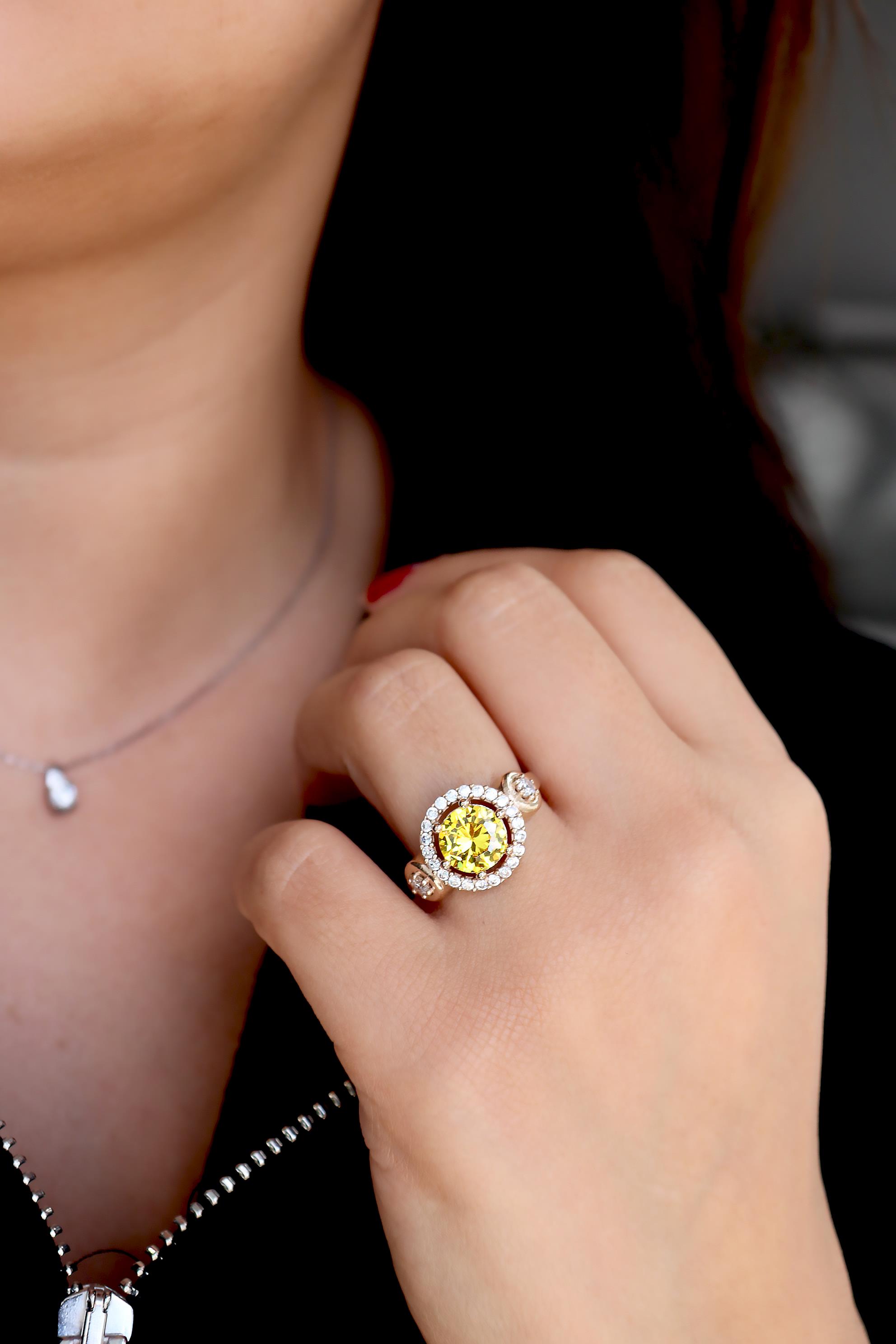 925 Ayar Gümüş Sitrin Yuvarlak Taşlı Otantik Yüzük