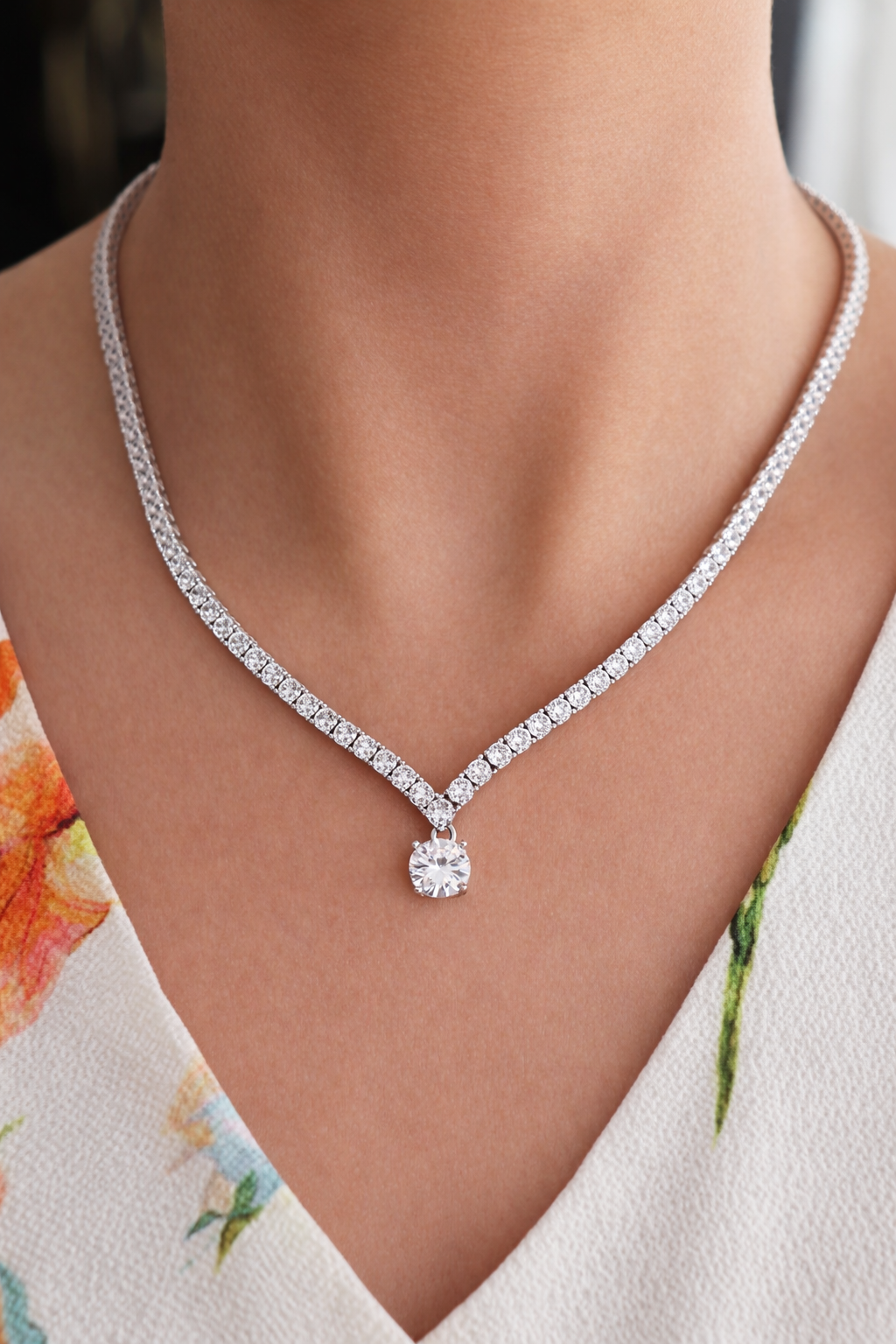 925 Ayar Gümüş Su Yolu Choker Büyük Tektaş Gelin Kolye