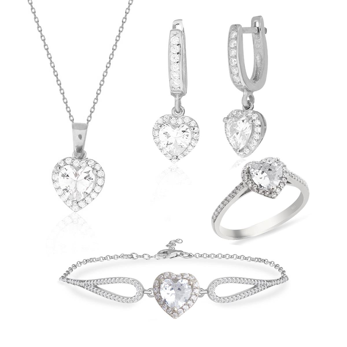 925 Ayar Gümüş Swarovski Beyaz Kalp Takı Seti
