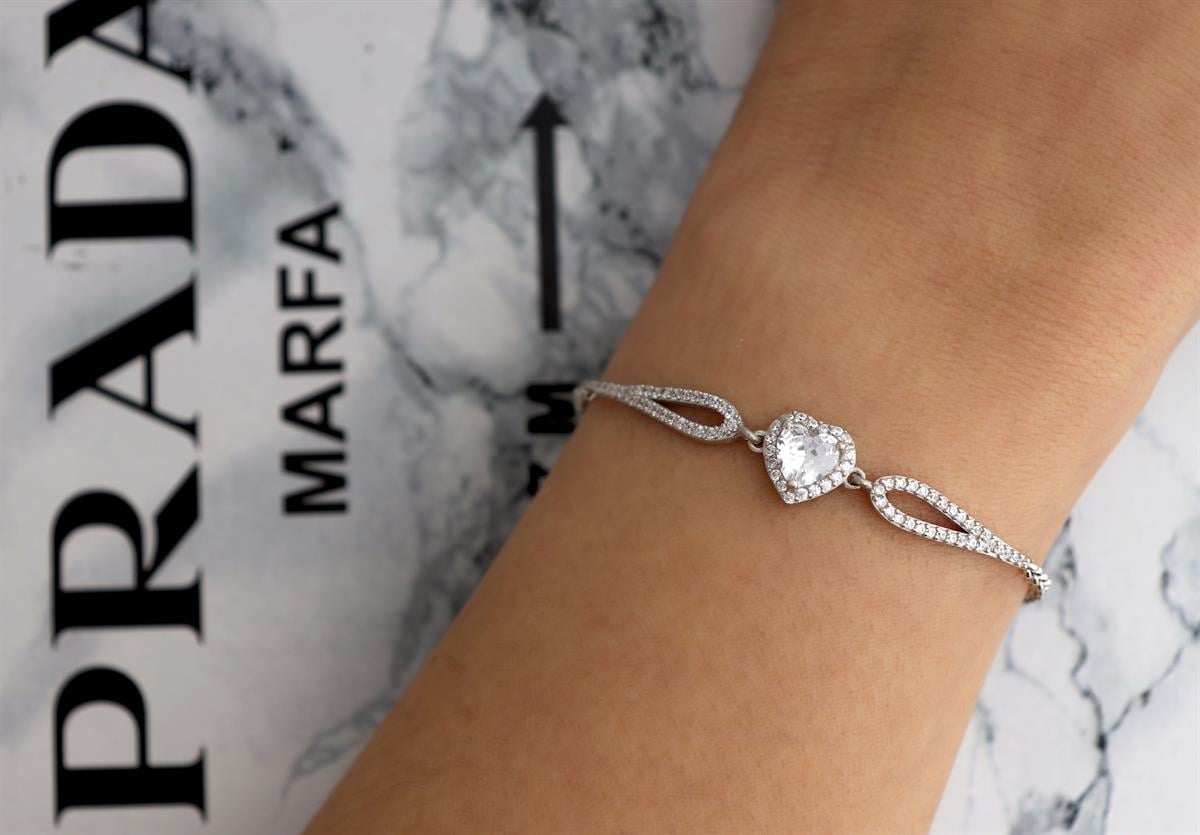 925 Ayar Gümüş Swarovski Beyaz Taş Kalp Bileklik