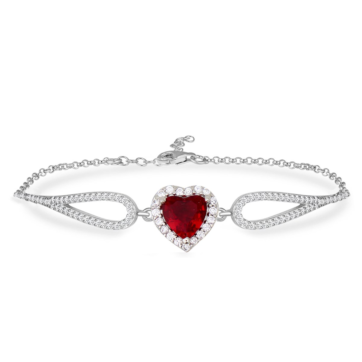 925 Ayar Gümüş Swarovski Kırmzı Kalp Bileklik