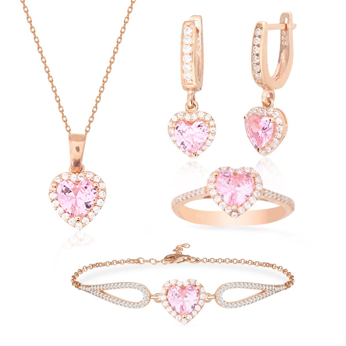 925 Ayar Gümüş Swarovski Rose Gold Kalp Takı Seti