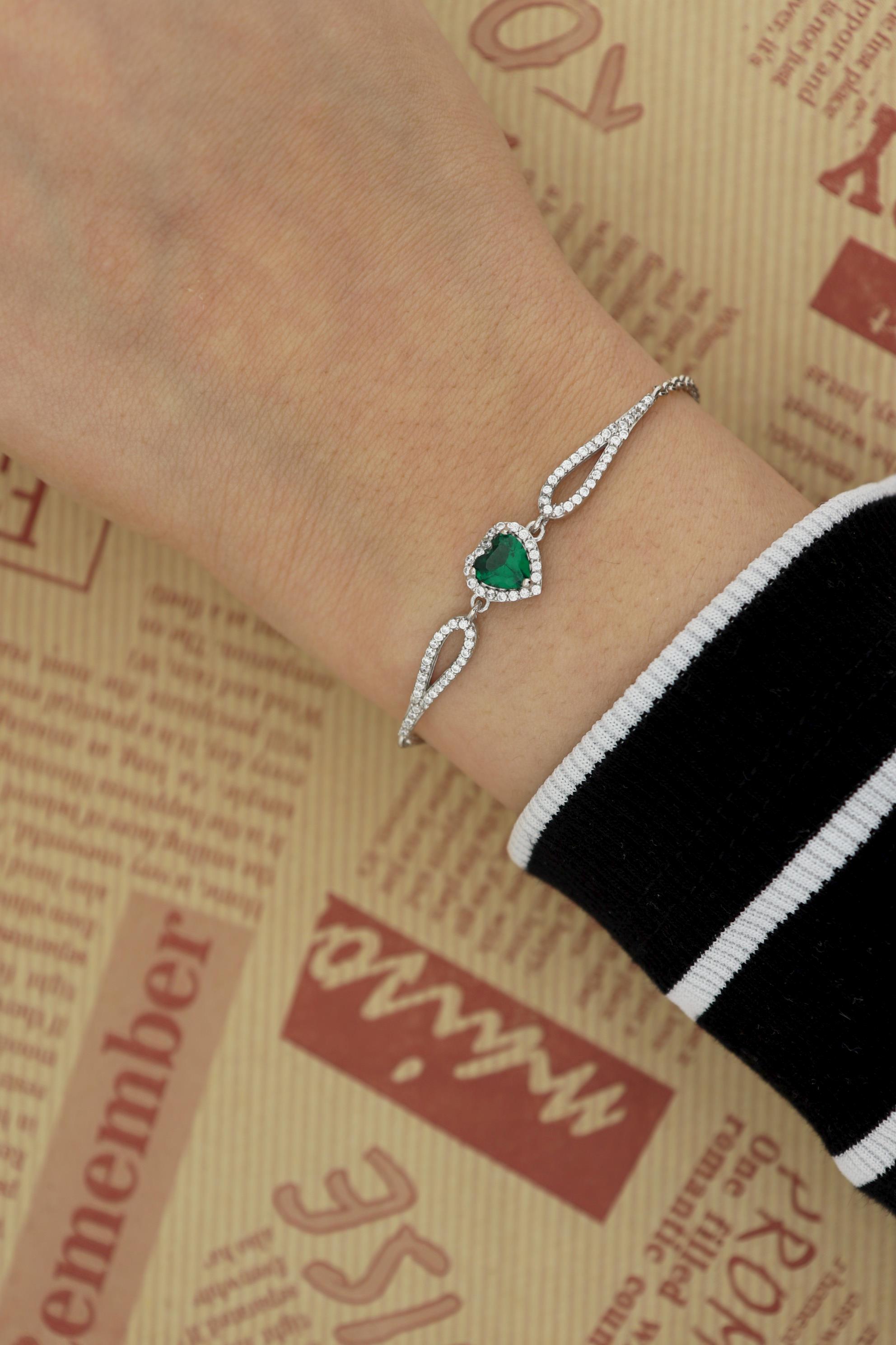 925 Ayar Gümüş Swarovski Zümrüt Kalp Bileklik