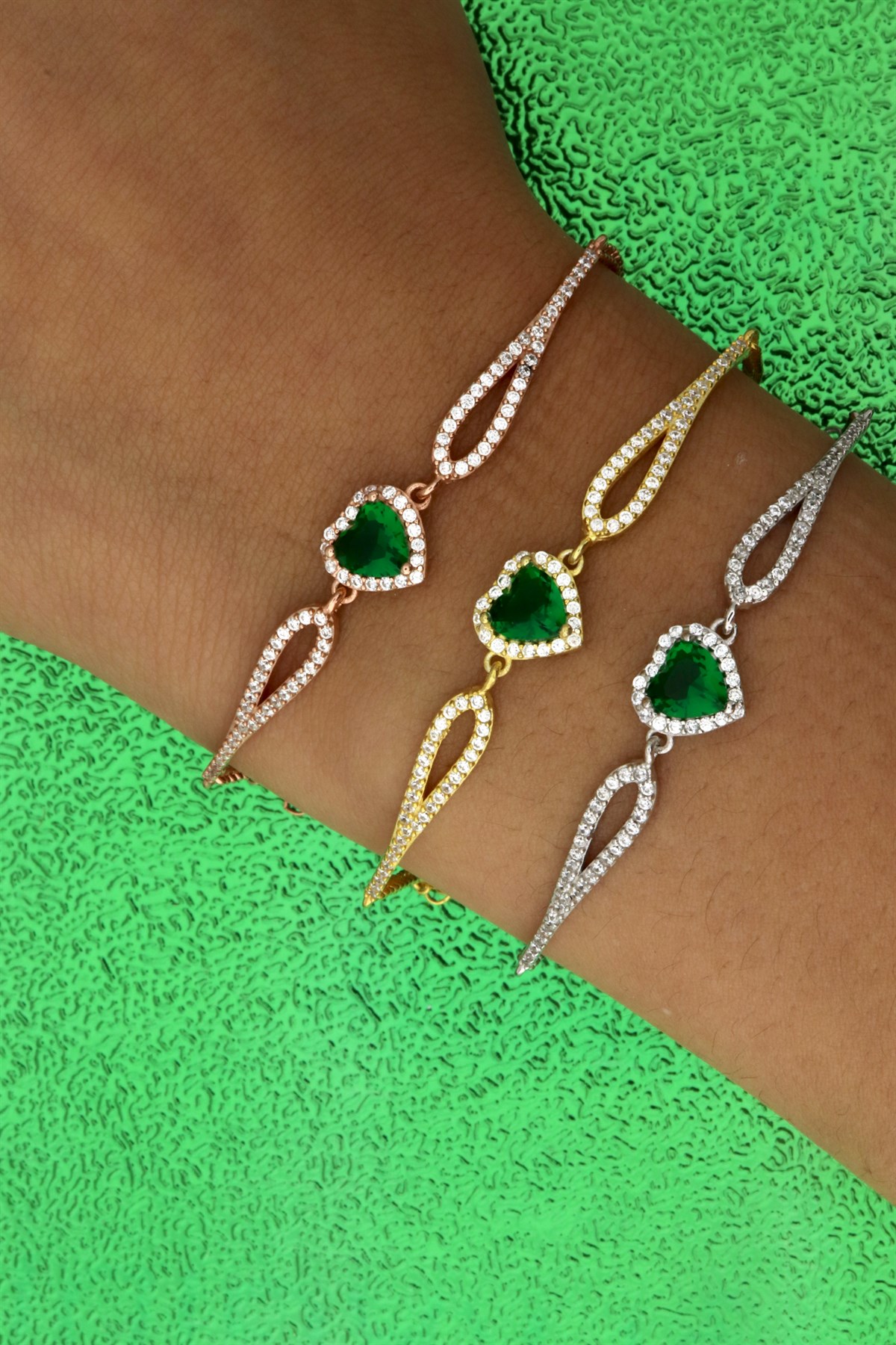 925 Ayar Gümüş Swarovski Zümrüt Kalp Bileklik