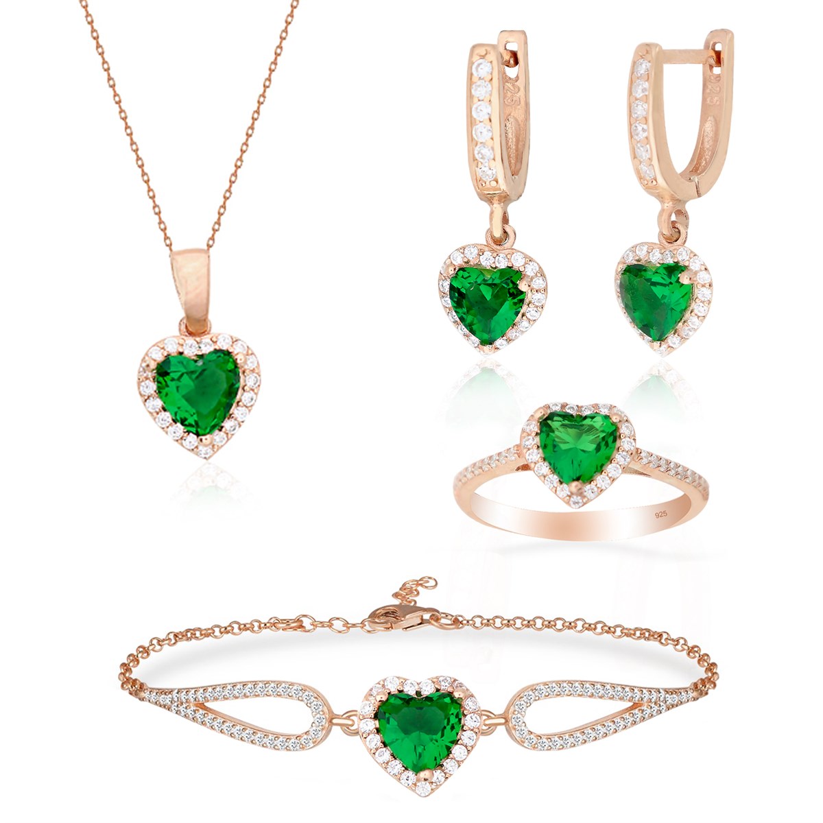 925 Ayar Gümüş Swarovski Zümrüt Kalp Takı Seti