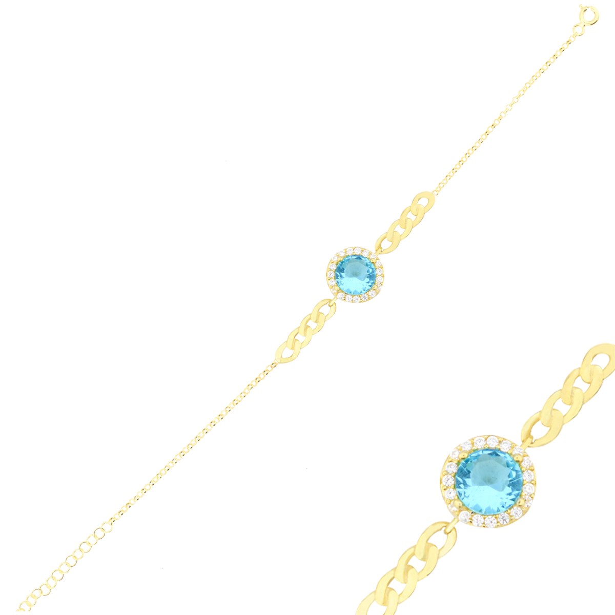 925 Ayar Gümüş Turkuaz Taş Takı Seti Altın Kaplama Zincir Detay