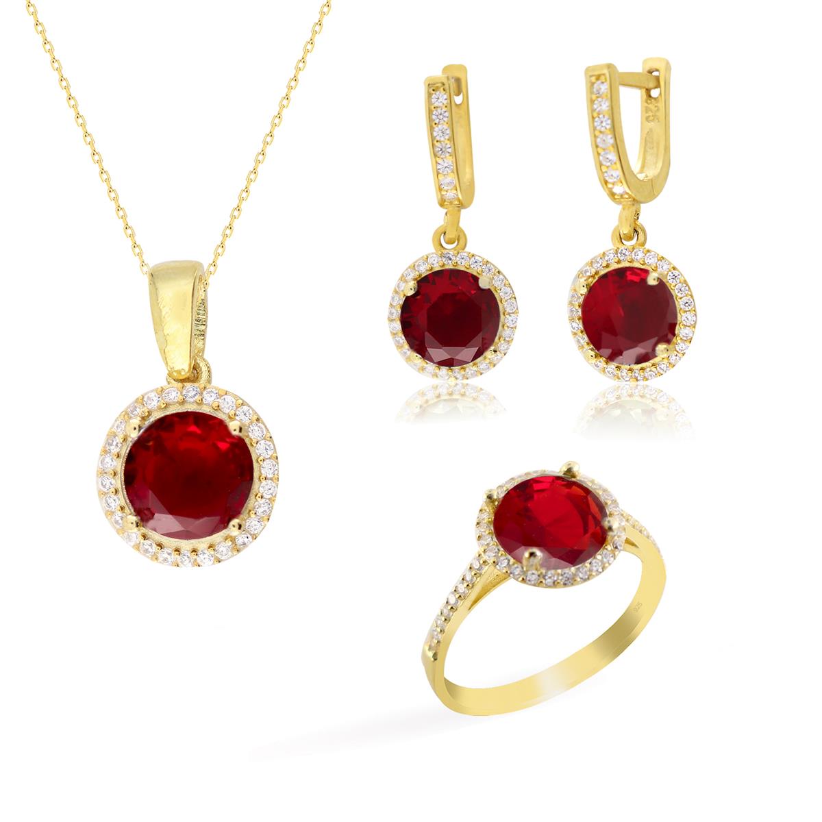 925 Ayar Gümüş Yakut Kırmızısı Yuvarlak Taşlı Takı Seti