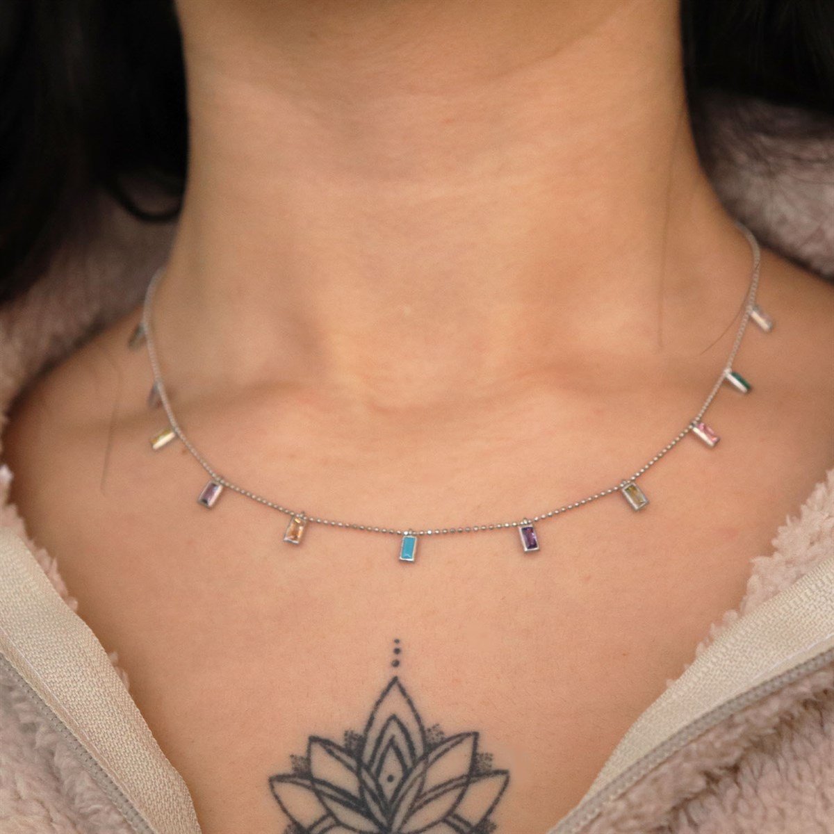 925 Ayar Renkli Taşlı Damla Gümüş Kolye