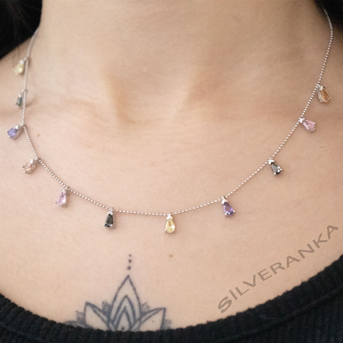 925 Ayar Renkli Taşlı Damla Shakıra Gümüş Kolye