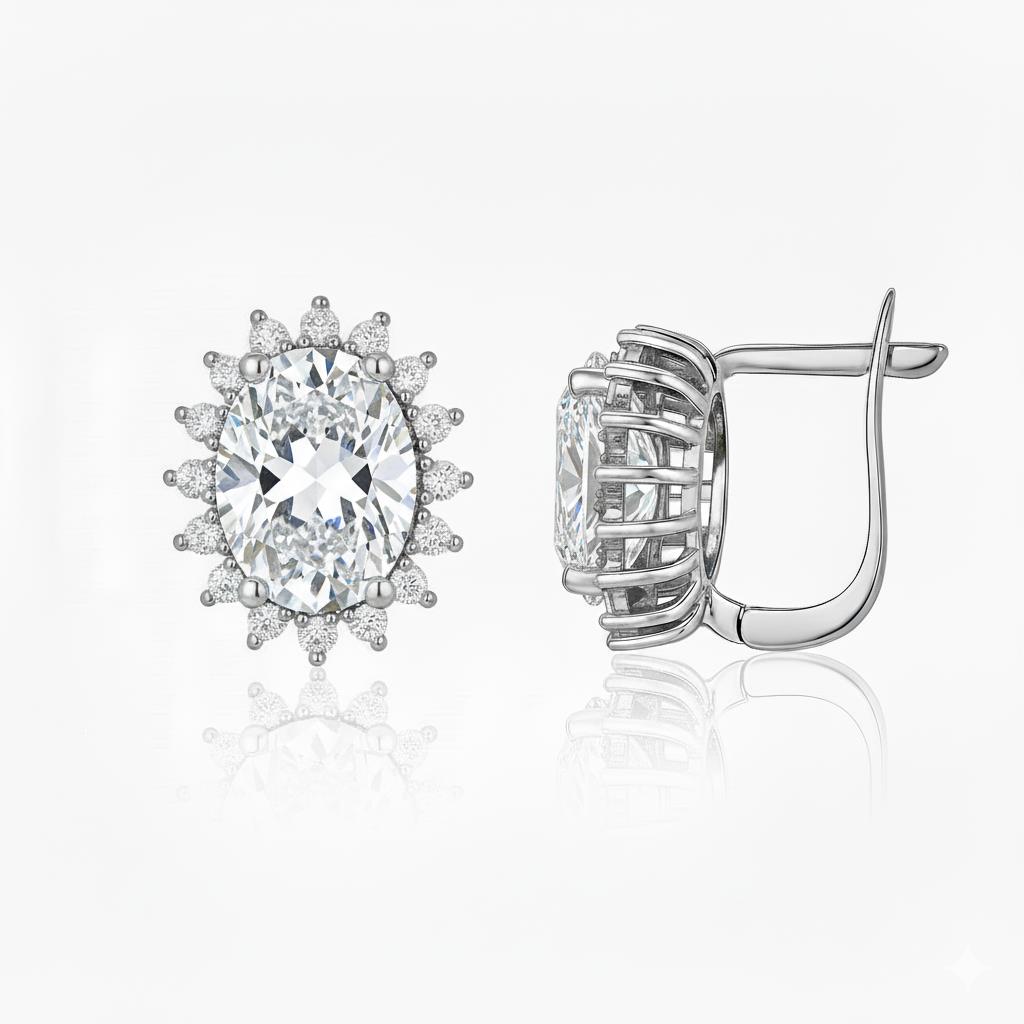 925 Ayar Rodyumlu Beyaz Oval Taş Gümüş Küpe