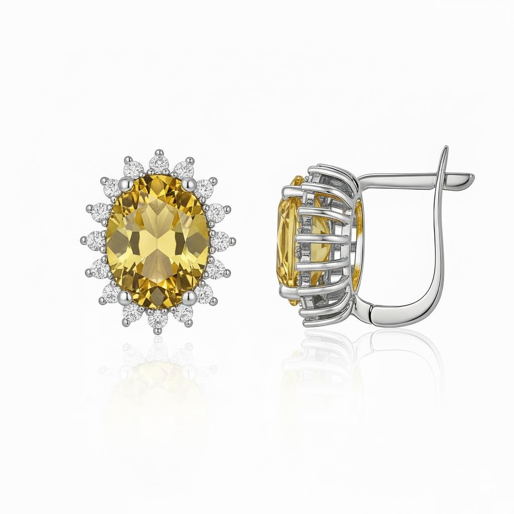 925 Ayar Rodyumlu Sitrin Oval Taş Gümüş Küpe