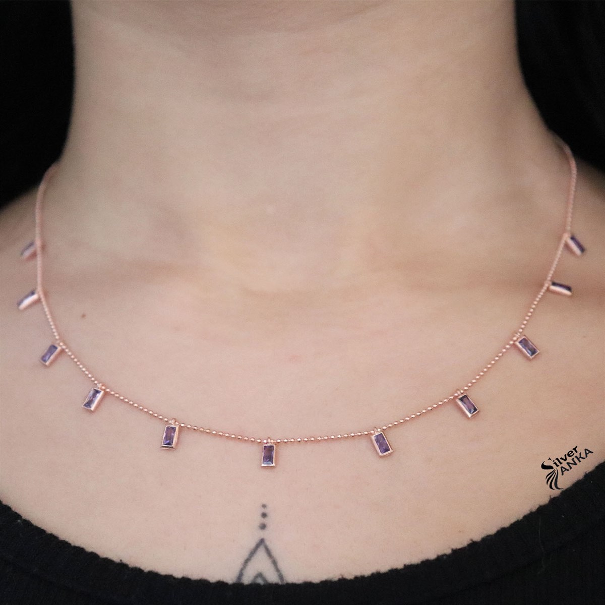 925 Ayar Rose Ametist Taşlı Gümüş Shakıra Kolye