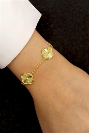  925 Ayar Gümüş Altın Yaldızlı Lazer İşlemeli 3lü Yonca Bileklik