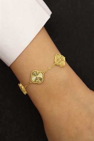  925 Ayar Gümüş Altın Yaldızlı Lazer İşlemeli 5li Yonca Bileklik