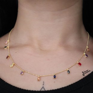 925 Ayar Gold Renkli Taşlı Gümüş Kolye