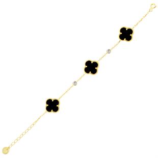 925 Ayar Gümüş Altın Kaplama Siyah Yonca Desen Bileklik