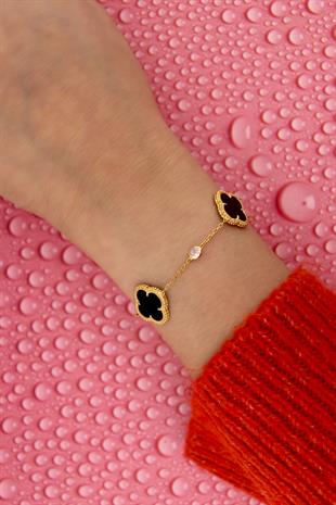 925 Ayar Gümüş Altın Kaplama Siyah Yonca Desen Bileklik