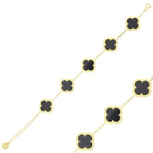 925 Ayar Gümüş Altın Kaplama Siyah Yonca Desen Bileklik