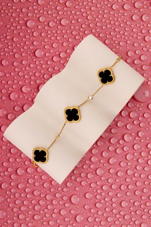 925 Ayar Gümüş Altın Kaplama Siyah Yonca Desen Bileklik