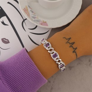 925 Ayar Gümüş Ametist Taşlı Kare Desen Bileklik
