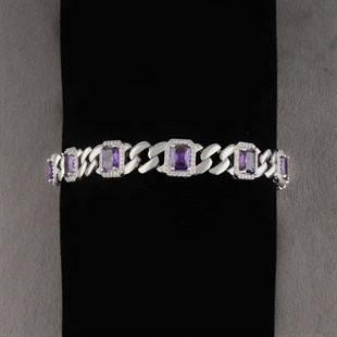 925 Ayar Gümüş Ametist Taşlı Kare Desen Bileklik