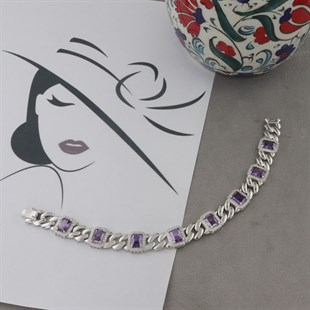 925 Ayar Gümüş Ametist Taşlı Kare Desen Bileklik
