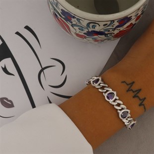 925 Ayar Gümüş Ametis Taşlı Damla Desen Bileklik