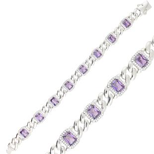 925 Ayar Gümüş Ametist Taşlı Kare Desen Bileklik