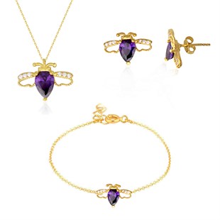 925 Ayar Gümüş Ametist Arı Tasarım Takı Seti