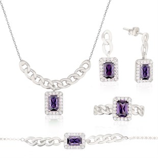 925 Ayar Gümüş Ametist Baget Takı Seti Zincir Detay