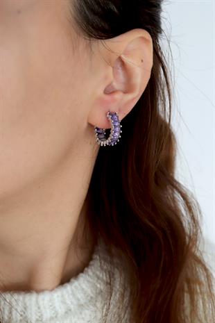 925 Ayar Gümüş Ametist Baget Taşlı Halka Küpe