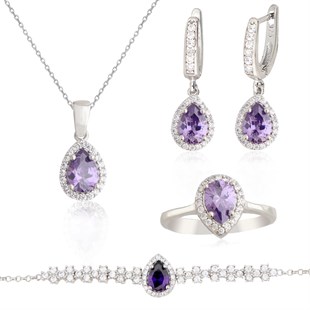 925 Ayar Gümüş Ametist Damla Taş Takı Seti