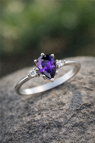 925 Ayar Gümüş Ametist Damla Taş Vintage Yüzük