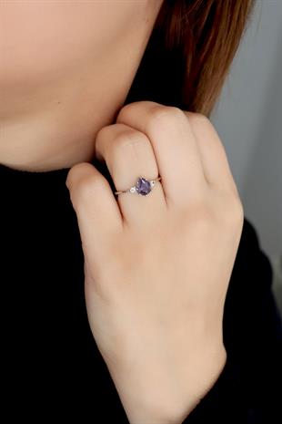 925 Ayar Gümüş Ametist Damla Taş Vintage Yüzük