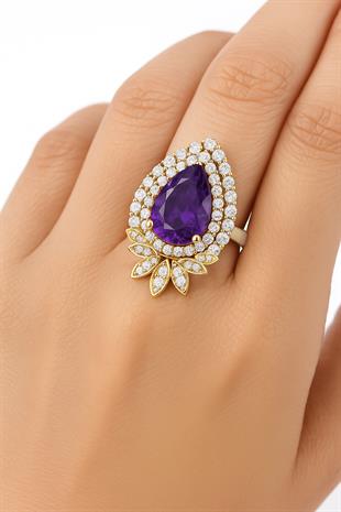 925 Ayar Gümüş Ametist Damla Taşlı Otantik Yüzük