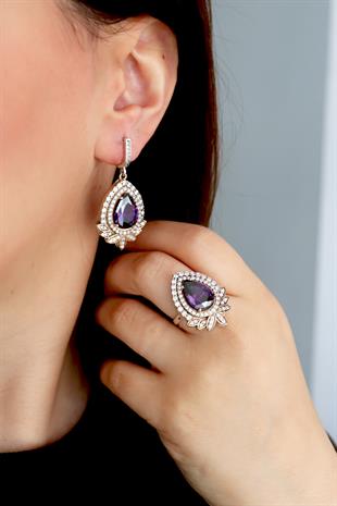 925 Ayar Gümüş Ametist Damla Taşlı Otantik Yüzük