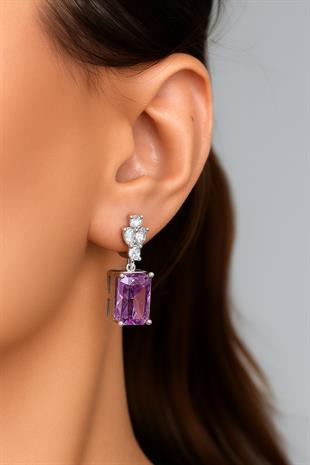 925 Ayar Gümüş Ametist Elmas Kesim Baget Küpe