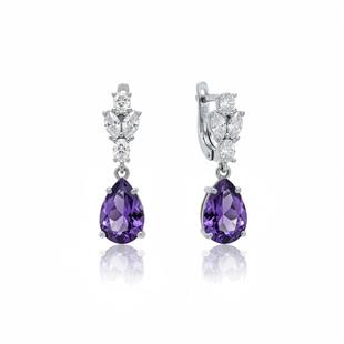 925 Ayar Gümüş Ametist Elmas Kesim Damla Küpe