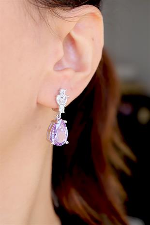 925 Ayar Gümüş Ametist Elmas Kesim Damla Küpe