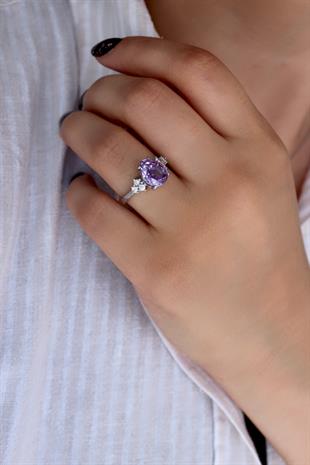 925 Ayar Gümüş Ametist Elmas Kesim Damla Taşlı Yüzük