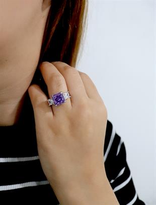 925 Ayar Gümüş Ametist Elmas Kesim Kare Taşlı Yüzük
