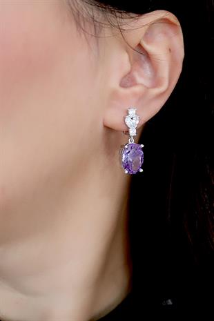 925 Ayar Gümüş Ametist Elmas Kesim Oval Küpe