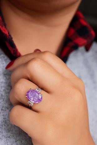 925 Ayar Gümüş Ametist Elmas Kesim Oval Taş Yüzük – Premium Kalite