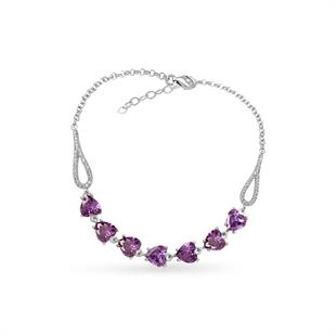 925 Ayar Gümüş Ametist Kalp Taşlı Su Yolu Bileklik