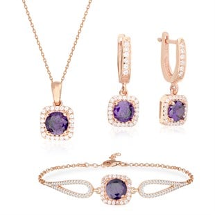 925 Ayar Gümüş Ametist Kare Pırlanta Modeli Takı Seti