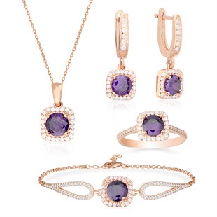 925 Ayar Gümüş Ametist Kare Pırlanta Modeli Takı Seti