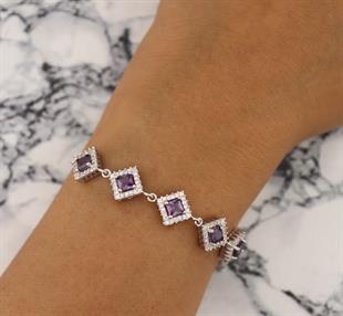 925 Ayar Gümüş Ametist Kare Taşlı Anturaj Bileklik