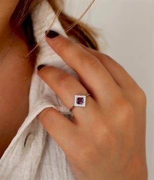 925 Ayar Gümüş Ametist Kare Taşlı Pırlanta Montür Takı Seti