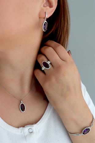 925 Ayar Gümüş Ametist Oval Taşlı Takı Seti