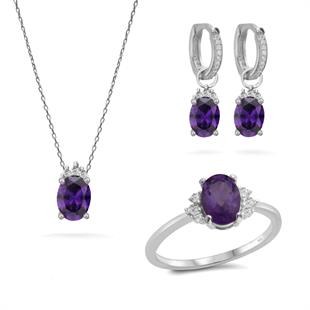 925 Ayar Gümüş Ametist Oval Taşlı Trend Takı Seti